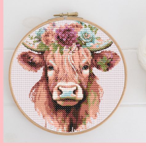 Highland Cow Cross Stitch Pattern, Highland Cow With Flowers, Cow Cross Stitch, Cow With Flowers, Vibrant Bouquet, Scottish Highland Cow, Highland Cows, Stitch Gift, Diy Cross