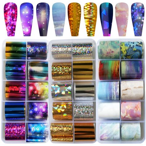 PRICES MAY VARY. Nail transfer foil sticker kit includes 30 sheets mixes design transfer foil nail art stickers in holographic, starry sky and marble pattern with varous beautiful and fashion colors allows you to create trendy, unique fingernail or toenail design. The transfer sticker mixed with various colors and print, they are made of quality material, easy to apply with tranfer nail glue and convenient to remove. Nail transfer sheets make manicure easier and more stylish, you can DIY endless Fingernail Tattoo, Gold Silver Nails, Silver Nail Art, Foil Nail Art, Acrylic Tips, Foil Stickers, Transfer Foil, Nail Art Stickers Decals, Toe Nail Designs