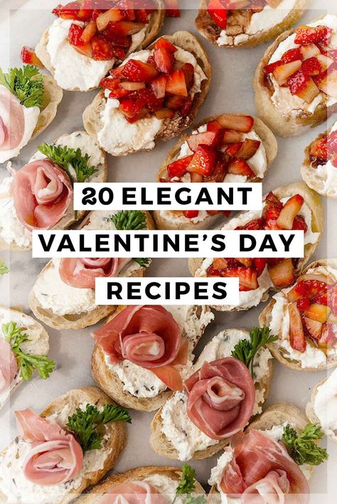 These 20 elegant Valentine's Day Recipes are romantic, colorful, decadent and perfect for a night-in with someone special. Galentines Party Appetizer Ideas, Elegant Appetizers Entertaining, Valentine Day Food Ideas For Party, Valentines Dinner Set Up For Two, Vday Appetizer, Galentines Party Recipes, Hosting Valentines Dinner, Valentine Menu Dinner, Valentines Cocktail Party