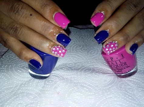 Pink and blue nails with bling Blue Nails With Bling, Pink And Blue Nails, Nails With Bling, Royal Blue Nails, Get Nails, Pink Design, Blue Nails, Hair And Nails, Royal Blue