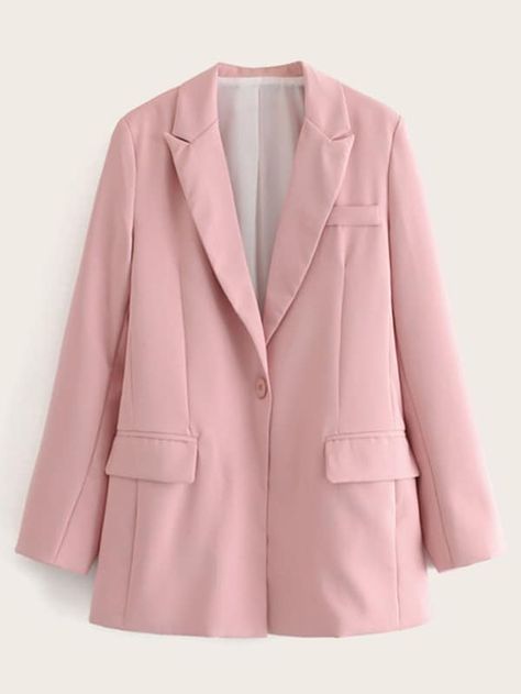 Lapel Collar Single Button Flap Pockets Blazer | SHEIN Dusty Pink Blazer, Women's Skirt Suits, Womens Blazer Coat, Baggy Jeans For Women, Professional Meeting, Hot Pink Skirt, Style Désinvolte Chic, Casual Suit Jacket, Khaki Blazer