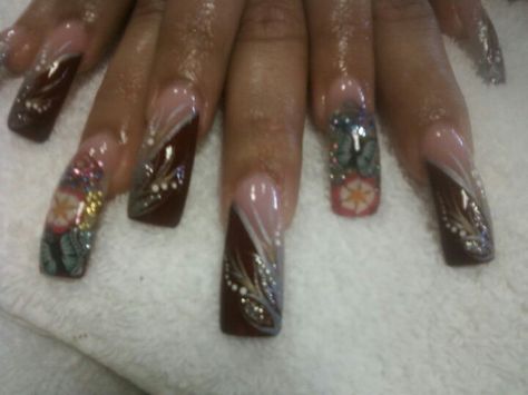 Indie Sleaze Nails, Brown Y2k Nails, Early 2000s Nail Designs, Early 2000s Nails, Lexi Nails, 2000s Nails, 90s Nails, Acrylic Nails Almond Shape, Curved Nails