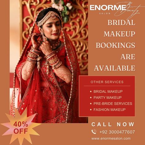 Attention all brides-to-be! 💍✨ Enjoy a stunning 40% off discount on bridal makeup at Enorme Salon. Limited bookings available, so secure your spot now for the perfect wedding day glam. Let us make you feel like a princess on your special day! Book your appointment now!! 📞 +92 300 0477607 📍Ground Floor, Plaza 57, Springs North,opposite Clock Tower, Phase 7 Bahria Town, Rawalpindi #EnormeSalon #BridalMakeup #40%Off #BookNow#foryoupage Bridal Makeup Services, Makeup 40, Special Occasion Makeup, Makeup Books, Beauty Makeover, Best Bridal Makeup, Best Makeup Artist, Photoshoot Makeup, Wedding Makeup Artist