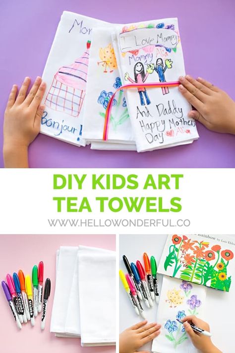 Useful Mothers Day Gifts Diy Kids, Kids Tea Towel Crafts, Mothers Day Tea Towel Craft, Hand Painted Tea Towels Diy, Hand Print Tea Towel, Painting On Tea Towels, Handprint Tea Towels, Christmas Tea Towels Diy Kid Art, Handprint Towels Kids Crafts