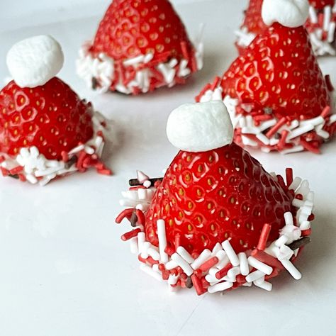 Strawberry Cheesecake Santa Hats, Strawberry Santas With Cream Cheese, Santa Hats With Strawberries, Santa Hat Fruit Skewers, Santa Hat Strawberries, Santa Hats Fruit, Mom Games, Christmas Delicacies, Jam Drops Recipe