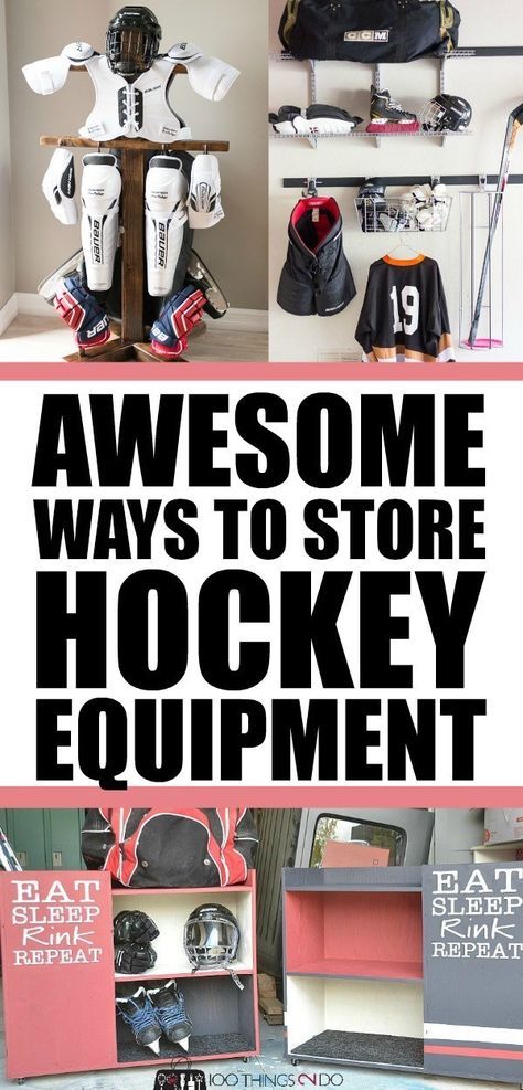 Hockey equipment storage | Garage organization | Sports Equipment Storage Ideas | sports equipment organization Organizing Hockey Equipment, Hockey Equipment Organization, Diy Hockey Equipment Drying Rack, Hockey Locker Room Ideas, Organizing Sports Equipment, Hockey Equipment Storage Garage, Hockey Organization Storage Ideas, Hockey Gear Organization, Sports Storage Ideas Mud Rooms