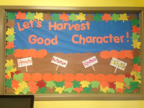 "Let's Harvest Good Character." Fall bulletin board for the front desk. Building Character Bulletin Board, Character Building Bulletin Board Ideas, Harvest Bulletin Board, Character Bulletin Boards, Fall Bulletin Board Ideas, School Counseling Bulletin Boards, Counseling Bulletin Boards, October Bulletin Boards, November Bulletin Boards