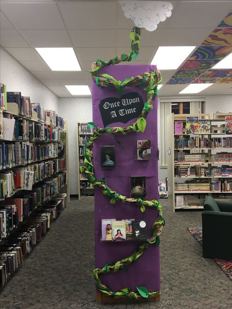 Once Upon a Time Book display in teen area. Twisted Fairy Tales. #teenlibrarybookdisplay #publiclibrary #onceuponatime Once Upon A Time Library Displays, Fairy Tale Display, Nature Themed Library, Fairy Tale Library Display, Fantasy Book Display Library, Fantasy Book Display, Once Upon A Book Fair, Bookweek 2024, Fairy Tale Library