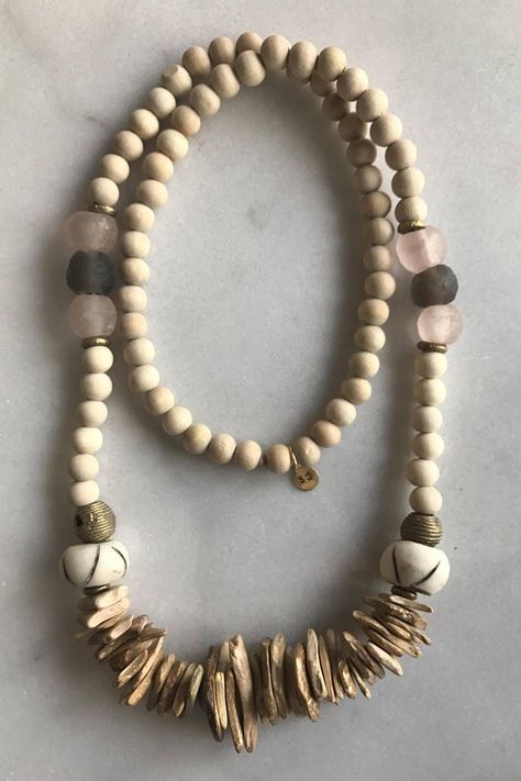 Wooden beaded necklace with African bone beads, Recycled glass  beads, brass beads, and coconut wood chip beads by SallieJacks on Etsy https://www.etsy.com/listing/518221601/wooden-beaded-necklace-with-african-bone Chip Bead Jewelry, Wood Beads Jewelry, Diy Statement Necklace, Bone Bead Necklace, Tassel Necklace Boho, Beautiful Beaded Jewelry, Coconut Wood, Wooden Bead Necklaces, Beaded Necklace Designs