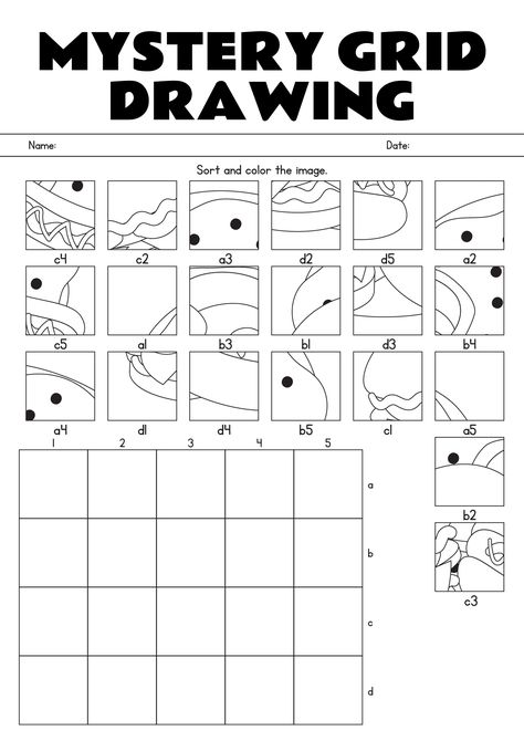 Mystery Grid Drawing Worksheets For Kids Mystery Grid Drawing Worksheet Free, Grid Drawing Practice, Scale Drawing Art, Grid Drawing Worksheet Free Printable, Drawing Worksheets For Kids, Mystery Grid Drawing, Mystery Drawing, Drawing Worksheet, High School Drawing