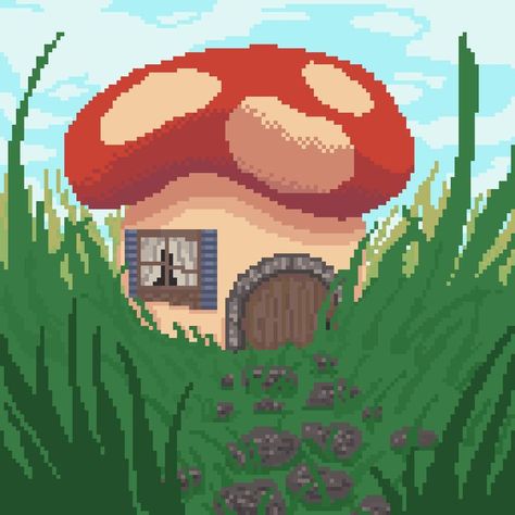 #pixel-art Pixel Cottagecore, Minecraft Mushroom Pixel Art, Mushroom Pixel Art Grid, Pixel Art Mushroom, Mushroom House Pixel Art, Mushroom Grid Pattern, Mushroom House, Pixel Art Pattern, 8 Bit