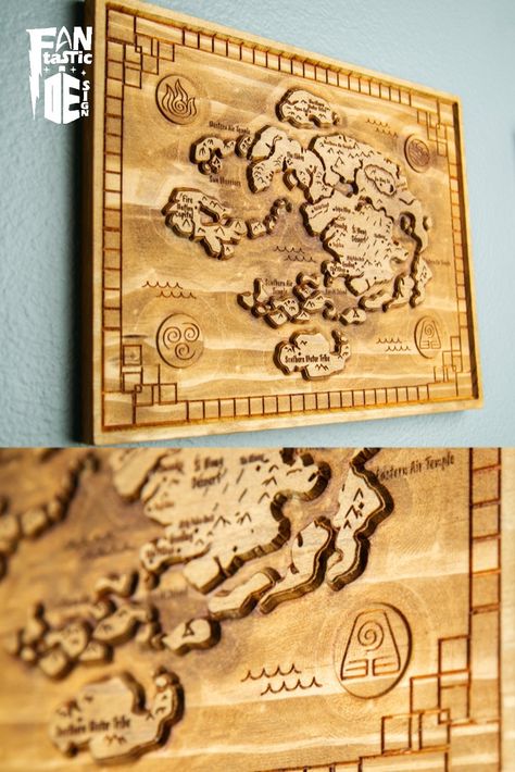 In this map of the ATLA world, you'll find the Fire Nation, the Northern Air Temple, Ba Sing Se, and so many other places that Team Avatar traveled through! Avatar The Last Airbender Room Ideas, Atla Decor, Avatar Nursery, Atla Party, Avatar The Last Airbender Decor, Apartment Deco, Baby Nursery Inspiration, Artsy Photos, Wooden Map