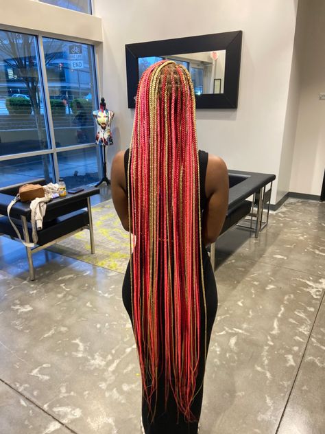 Cute Colors For Knotless Braids, Box Braids Black Women Color, 3 Different Color Knotless Braids, Braids Hairstyles Color Ideas, Pink Braids With Black Roots, Multiple Color Braids, Long Knotless With Color, Hair Color Ideas For Knotless Braids, Knotless Braids Different Colors