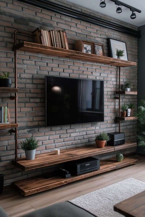 35 TV Wall Ideas for a Chic, Functional Entertainment Hub Diy Tv Shelves, Wall Slats Living Room, Fireplace Tv Shelves, Shelves On Tv Wall, 100 Inch Tv On Wall Ideas, Large Tv On Wall Ideas Living Room, Industrial Tv Wall Design, What To Put Around Tv On Wall, Floating Shelf Entertainment Center