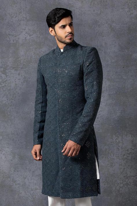 Buy Ankit V Kapoor Blue Pure Georgette Lucknowi Embroidered Sherwani Set Online | Aza Fashions Traditional Indian Mens Clothing, Indian Wedding Suits Men, Blue Sherwani, Indian Wedding Clothes For Men, Sherwani For Men Wedding, Embroidered Sherwani, Wedding Kurta For Men, Groom Dress Men, Indian Groom Wear