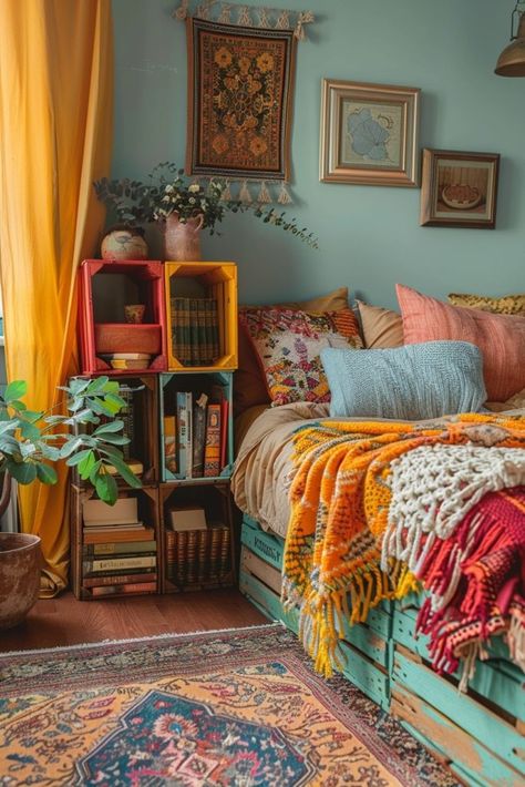 29 Boho Bedroom Storage Ideas to Maximize Space with Style 1 Colourful Boho Decor, Boho Interior Paint Colors, Bohemian Paint Colors, Boho Bedroom Storage, Tiny Bedroom Storage Ideas, Vibrant Bedroom Ideas, Eclectic Maximalism Bedroom, Colorful Bohemian Bedroom, Bedroom References