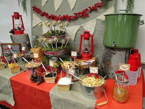 there are soo many things I love about this tablescape! Especially the bandana banner. Make your own trailmix table!!! Better than the candy table. Loooove it. kids would have fun doing this Eagle Scout Ceremony, Camping Theme Party, Camping With A Baby, Camping Birthday Party, Party Dessert Table, Outdoor Baby Shower, Camping Parties, Dessert Party, Festival Camping