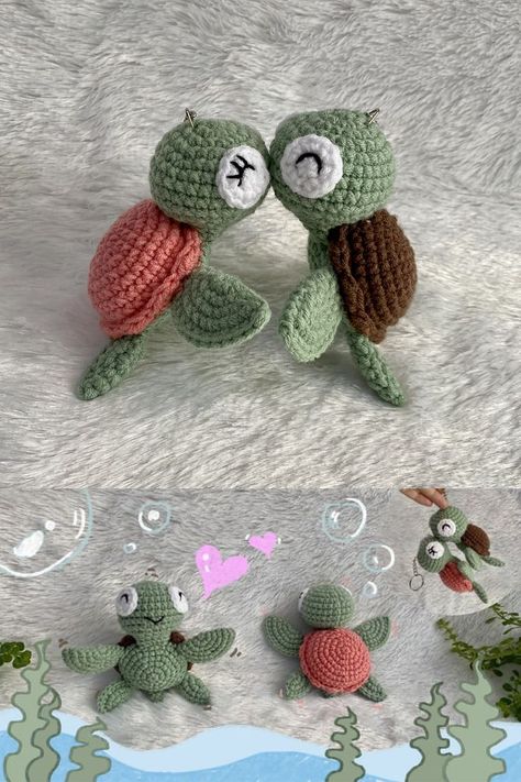 CROCHET TURTLE : How to Crochet Turtle - IN LOVE 🐢💕🐢 | Crochet Turtle Keychain for Beginners #crochetturtle #crochetkeychain #amigurumicrochet Materials 🥰 : 1. Cotton Yarn 4ply size 2 mm. 2. Crochet Hook No.5 size 3 mm. 3. Polyester fiber 4. Magnet Tiny 5. Scissors 6. Needle Finished size: Height 11 cm. Width 12 cm. ---------- Crochet Turtle Keychain, Crochet Turtle Pattern, Diy Magnets, Turtle Keychain, Pola Amigurumi, Crochet Turtle, Turtle Pattern, Valentines Crochet, Crochet Amigurumi Free