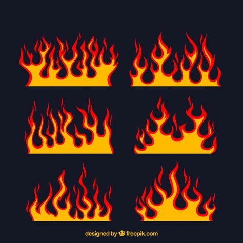 Assortment of flat flames with different designs Vector | Free Download Grunge Designs Art, Fire Painting Ideas, Fire Aesthetic Drawing, Custom Clothes Ideas, Fire Tattoo Designs, Drawing On Clothes, Flames Painting, Paint Flames, Fire Embroidery