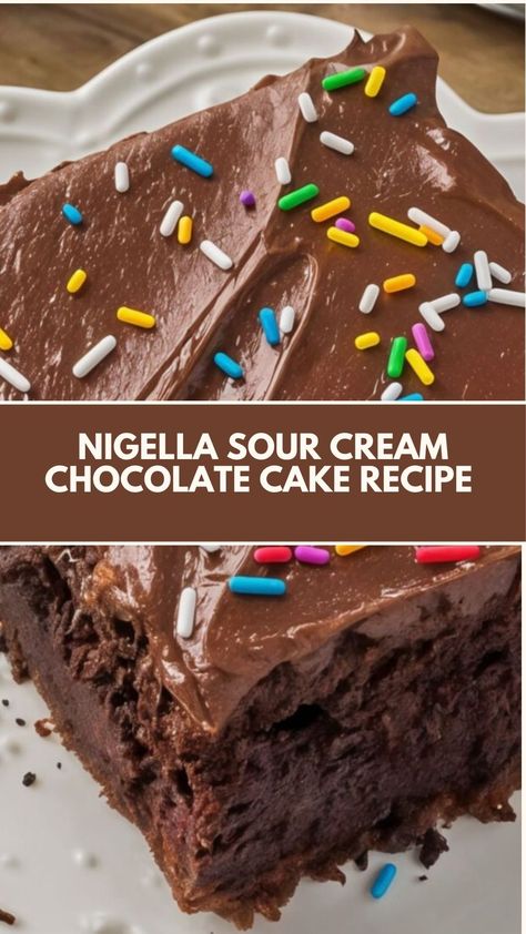 This easy and indulgent Sour Cream Chocolate Cake, inspired by Nigella Lawson, is the perfect dessert for any occasion. With a rich, creamy texture and decadent chocolate flavor, it’s quick to make and can be customized with simple ingredients you already have in your kitchen. Nigella Lawson Recipes Desserts, Chocolate Cake Sour Cream, Nigella Lawson Desserts, Cream Chocolate Cake, Sour Cream Desserts, Sour Cream Chocolate Cake, Celebrity Food, Nigella Lawson Recipes, Nigella Lawson