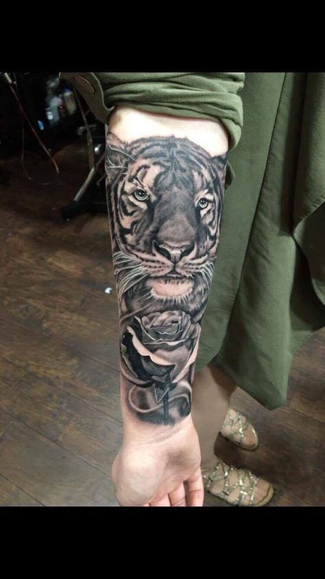 Tiger And Flower Tattoo Half Sleeves, Half Tiger Half Rose Tattoo, Tiger Tattoo Design Men Half Sleeves, Tiger Arm Sleeve Tattoo, Japanese Tiger Half Sleeve Tattoo, Rose Half Sleeve, Candy Tattoo, Tooth Gem, Sleeves Ideas