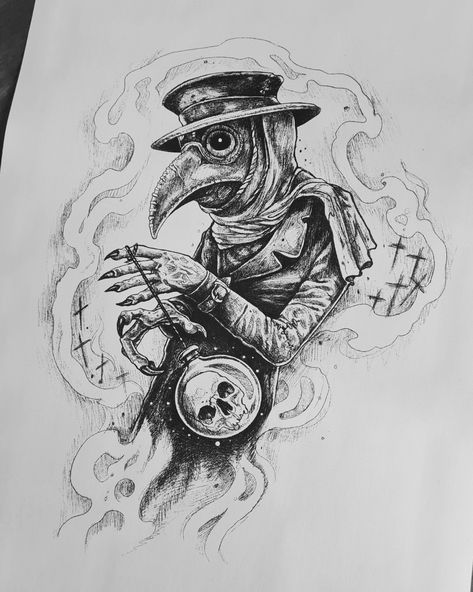 Creepy plague doctor with swinging skull drawing. The Plague Doctor Drawing, Plague Doctor And Nurse Tattoo, Plauge Doctor Tattoo Neotraditional, Plague Doctor Drawings, Pleg Doctor Tattoos, Plague Doctor Tattoos, Plague Doctor Tattoo Creepy, Plage Doctor Tattoo, Plague Doctor Art Dark