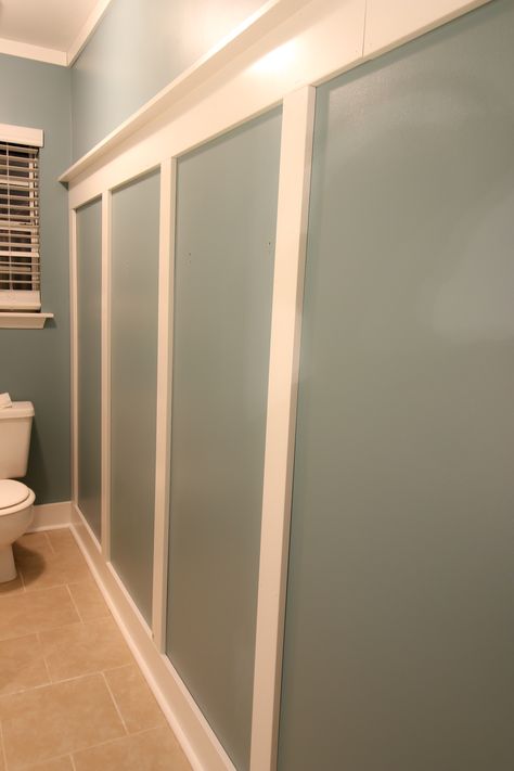 Bathroom Molding Ideas, Accent Wall With Molding, Bathroom Board And Batten With Hooks, Bathroom Molding On Walls, Molding In Bathroom, Wall With Molding, Bathroom Molding, Height Board, Cabana Bathroom