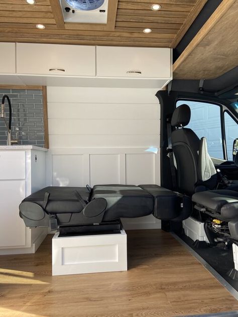 VAN TOUR: We built a van for Battle Born Batteries! 2019 4X4 170" SPRINTER VAN CONVERSION — Sara & Alex James - 40 Hours of Freedom Van Floor Plans, Diy Van Build, Van Conversion Layout, Mercedes Sprinter Camper, Alex James, Van Tour, Convertible Bed, Sprinter Van Conversion, Van Conversion Interior