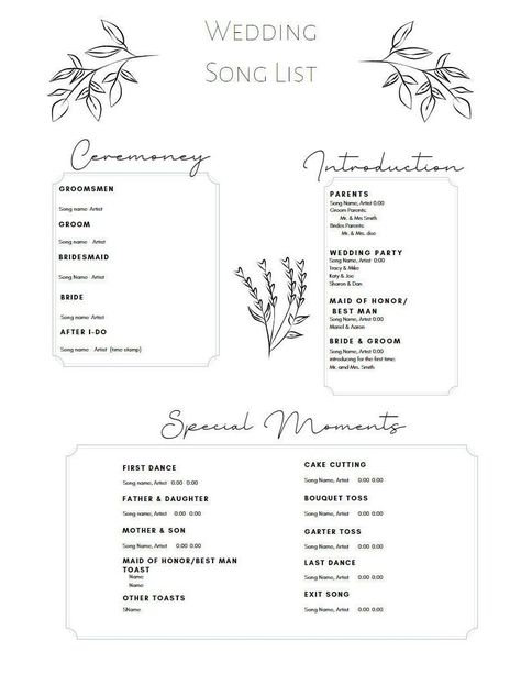 A editable wedding song planning sheet, to make sure your special day flows just right! Wedding Ceremony Song List, Ceremony Music List, Wedding Processional Music, Wedding Music Playlist, Country Wedding Songs, Wedding Song List, Seating Arrangement Wedding, Wedding Ceremony Songs, Wedding Processional