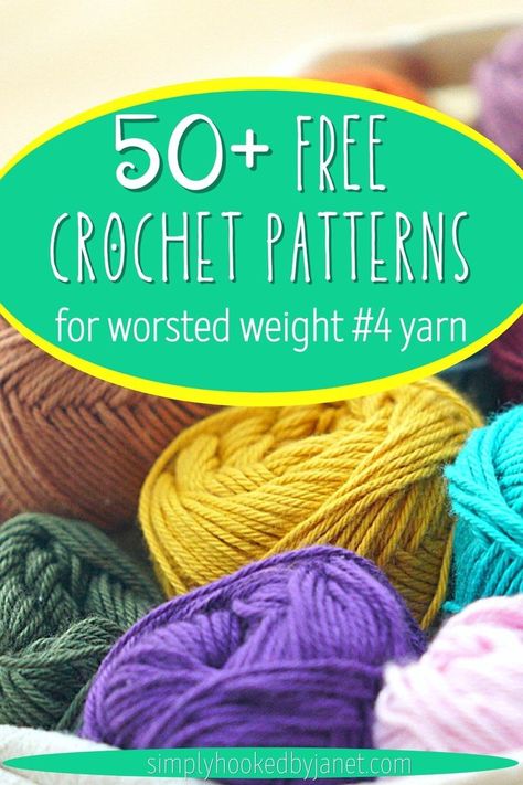 Do you have worsted weight yarn in your yarn stash? Here are over 50 ideas for you to crochet using that worsted weight yarn. All free crochet patterns using #4 worsted weight yarn. Patterns range from home decor to accessories and toys. #freecrochetpattern Medium 4 Yarn Crochet Pattern Free, One Skein Worsted Weight Crochet Patterns, Medium 4 Yarn Crochet Pattern, Worsted Weight Crochet Blanket Patterns Free, Lionbrand.com Free Patterns, Medium Weight Yarn Crochet Patterns, Crochet Cotton Yarn Projects, Worsted Weight Yarn Patterns, Cotton Yarn Projects