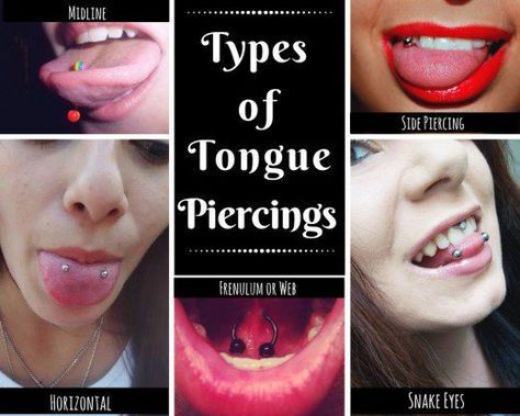 Types of tongue piercings #mmaforkids Types Of Tongue Piercings, Tongue Piercing Tumblr, Fake Tongue Piercing, Scoop Tongue Piercing, Surface Tongue Piercing, Vertical Tongue Piercing, Piercing Alla Lingua, Venom Piercing, Snake Eyes Piercing