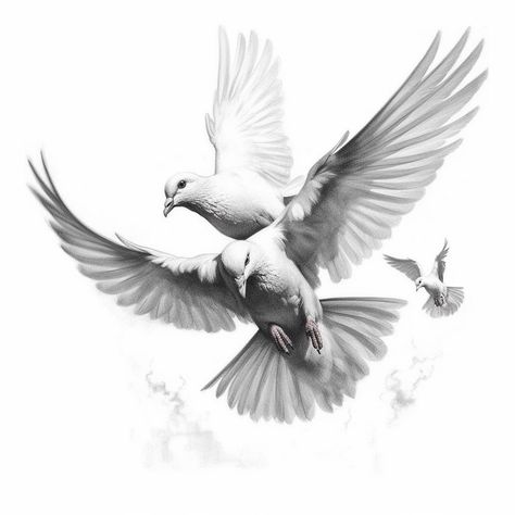 Dove Tattoo Reference, Two Doves Flying, 2 Doves Tattoo Design, Dove And Clouds Tattoo Design, Flying Dove Drawing, Dove Drawing Tattoo, Realistic Dove Tattoo, Dove Reference, Doves Drawing