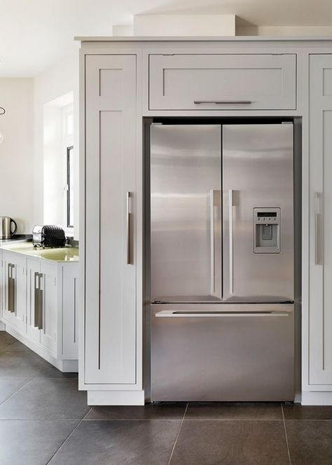 Cabinets Around Fridge, Refrigerator Ideas, Refrigerator Cabinet, Kitchen Fridges, Built In Refrigerator, Farmhouse Kitchen Design, Kitchen Refrigerator, Pantry Design, Open Concept Kitchen