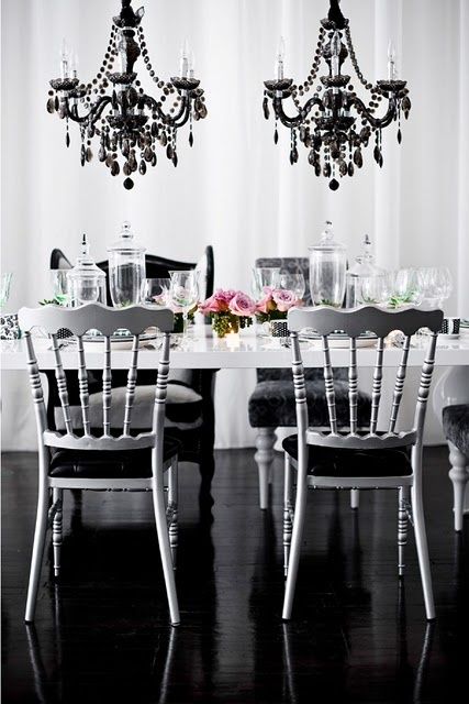 Accessorize any space with chandeliers for a little mood lighting and whole lot of impact. Live In Style, Black Floor, Decoration Inspiration, Black Chandelier, White Decor, My New Room, Room Table, My Dream Home, Dining Room Table