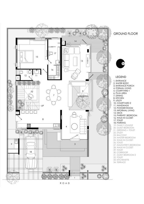 The Bungalow Has Striking Inclined Wall Which Adds Dynamism | Crest Architects - The Architects Diary Architect Plans House, Villa Layout Plan Design, Mos Architects, Villa Design Architecture Plan, Bungalow Plan, Modern Contemporary House Plans, Duplex Floor Plans, Plan Villa, Outdoor Space Design