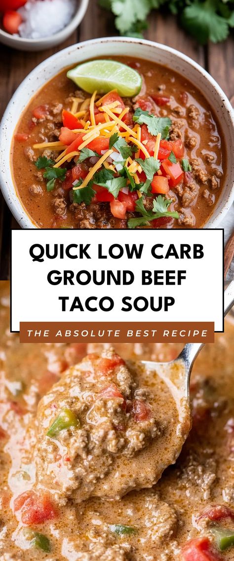 Image for Quick Low Carb Ground Beef Taco Soup Healthy Ground Beef Crockpot Recipes, Keto Taco Soup Ground Beef, Ground Beef Taco Soup, Ground Beef Meal Prep, Beef Taco Soup, Low Carb Ground Beef Recipes, Taco Recipes Ground Beef, Ground Beef Crockpot Recipes, Low Carb Taco Soup