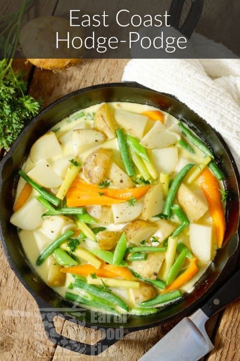 Loaded with fresh seasonal vegetables, hodge-podge is a traditional Maritime side dish. A 'mixed pot' if you will, of potatoes, beans, peas, and carrots cooked in a cream base with herbs and garlic. #hodgepodge #vegetarian #newpotatoes #eastcoasteats #glutenfree #onepotmeal Hodgepodge Soup, Recipes With Frozen Peas And Carrots, Hodge Podge Recipe, Peas Mushrooms Recipe, Mushrooms And Peas Side Dish, Carrots Cooked, Frozen Peas And Carrots, England Recipes, Earth Food