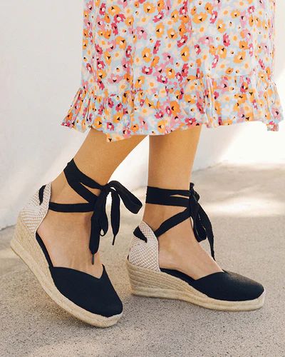 Espadrilles Soludos Blue Wedge Sandals, France Outfits, Linen Bottoms, Wedge Espadrilles, Women's Espadrilles, Lace Up Wedges, Black Wedge Sandals, 2022 Fashion, Black Wedges