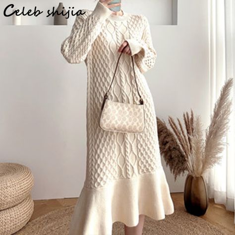 Cheap Dresses, Buy Quality Women's Clothing Directly from China Suppliers:Red Knitted Dress for Woman Winter 2021 O neck Loose Long Sweater Mermaid Dresses Korean Autumn Elegant Twist Wool Clothing Enjoy ✓Free Shipping Worldwide! ✓Limited Time Sale ✓Easy Return. Red Knit Dress, Cashmere Sweater Dress, Wool Knitted Dress, Red Sweater Dress, Cable Knit Sweater Dress, Office Dresses For Women, Casual Day Dresses, Wool Clothing, Dress For Woman