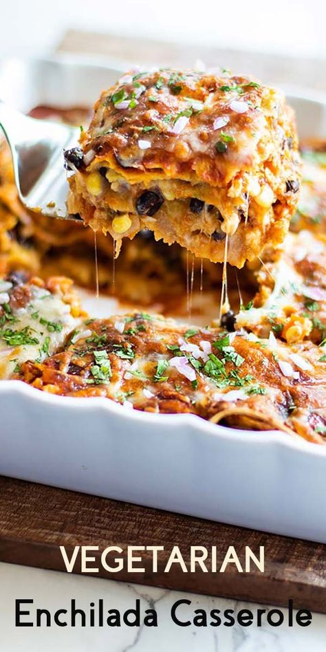 Black Bean And Corn Enchilada Casserole, No Meat Family Dinners, Easy Vegetarian Enchilada Casserole, Vegetarian Supper Recipes, Easy Enchiladas Vegetarian, Healthy Vegetarian Family Dinners, Vegetarian Enchiladas Casserole, Easy Vegetarian Mexican Casserole, Freezer Enchilada Casserole