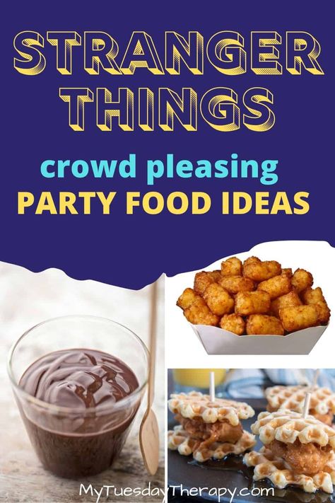 Stranger Things crowd pleasing party food ideas from chocolate pudding to tater tots and waffle sliders. Easy party food for Stranger Things teen birthday party, Halloween party, or Stranger Things viewing party. Stranger Things Menu Ideas, Stranger Things Dinner Ideas, Stranger Things Inspired Food, Stranger Things Birthday Food, Stranger Things Waffle Bar, Stranger Things Snacks Ideas, Stranger Things Food Party, Stranger Things Recipes, Stranger Things Birthday Party Food