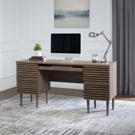 Modern Desk Ideas, Computer Desk With Drawers, Desk With Keyboard Tray, Corner Desk Office, Mid Century Modern Desk, Keyboard Tray, Dark Wood Floors, Office Essentials, Office Furniture Desk