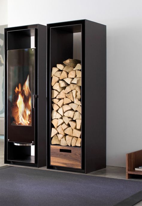 Nice Wood Box & fireplace Design Camino, Minimalist Fireplace, Ultra Modern Homes, Wood Heater, Into The Wood, Firewood Rack, Firewood Storage, Contemporary Cabinets, Wood Fireplace