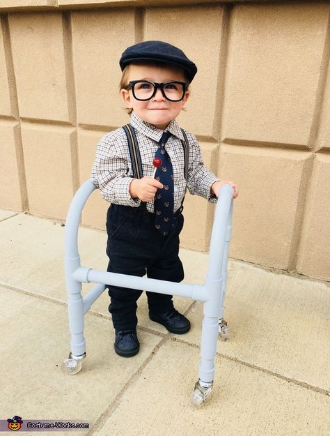 Lindsey: Our one year old son dressed just like our favorite old man, his great grandpa. His dad made the walker from pvc pipe, and i painted it gray. This little... Old Man Costume For Kids, Old Man Halloween Costume, Old Man Costume, Boys Halloween Costumes Diy, School Halloween Costumes, Old Lady Costume, Costume Works, Costumes Kids, Kids Costumes Boys