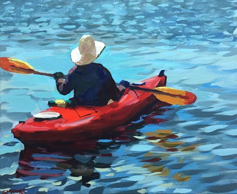 Kayaker by Stephen Moore Acrylic ~ 16 inches x 20 inches Kayak Art, Sculpture Pottery, Fine Art Acrylic, New Bern, Lake Painting, Handcrafted Gifts, Boat Art, Lake Art, Canvas Painting Designs