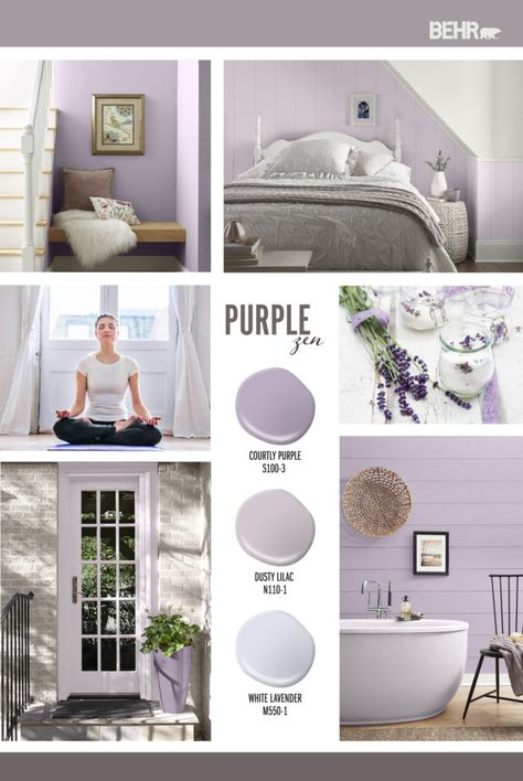 These purple hues give you a feeling of Zen. The purple color in these hues is slightly understated with a soft dusty appearance. They are gently calming and look pleasing in any room. A slightly purple muted hue, Courtly Purple S100-3 is the perfect color for a small space to hideaway with a good book … Light Purple Bedroom Decor, Pastel Purple Bathroom, Behr Purple Paint Colors, Light Purple Bathroom Ideas, Behr Purple, Grey Purple Bedroom, Zen Paint Colors, Light Purple Paint Colors, Purple Accent Wall Bedroom