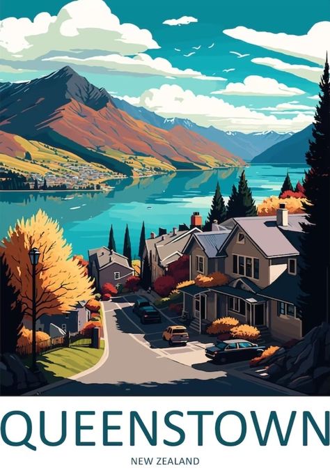 Wanderlust Decor, New Zealand Landscape, Queenstown New Zealand, Nz Art, Retro Posters, Old Advertisements, New Zealand Travel, Travel Illustration, Travel Wall Art