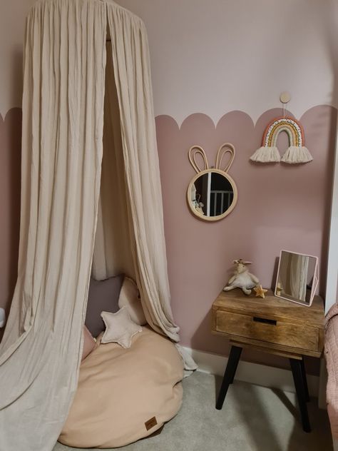 Bedroom inspiration, girlsbedroom, pretty and pink, scalloped wall, canopy, cosy corner, reading nook, bunny mirror, rainbow. @farrowball @popandpunch Follow our renovation journey over on Instagram @house2familyhome. Dusky Pink Scallop Wall, Canopy In Nursery, Scallop Pink Wall, Bunny Bedroom Decor, Scalloped Pink Wall, Dusty Pink Kids Bedroom, Pink Scalloped Wall, Girls Scalloped Bedroom, Dusty Pink Toddler Bedroom