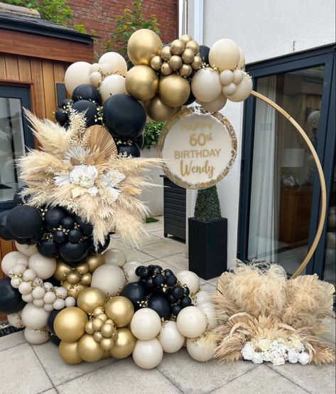 Black White Balloon Decorations, Balloon Garland 40th Birthday, 30th Birthday Backdrop Ideas For Women, 50th Birthday Women Decorations, Black And Beige Balloon Garland, 70th Birthday Balloon Arch, 50th Balloon Arch, Gatsby Balloon Arch, 60th Birthday Decorations For Women