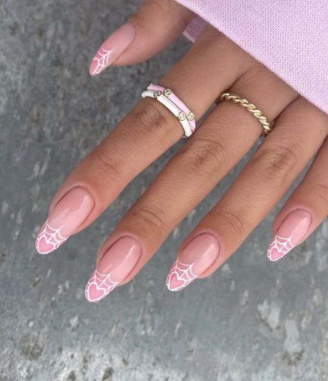 French Themed Nails, Nail Art Spiderweb, Halloween French Tip Nails Almond, Nail Themes Ideas Art Designs, Halloween Nails With Pink, Spiderweb Nails Almond, Pink And White Halloween Nails, Pink Halloween Nails Almond, Pink Theme Nails